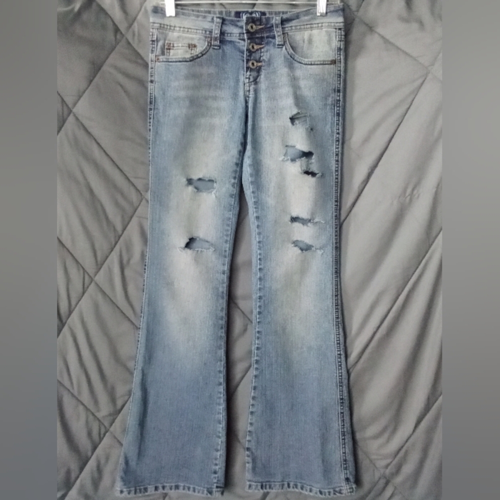 Women's Angels Bootcut Distressed Ripped Jeans Style Light Wash 3 Button Closure